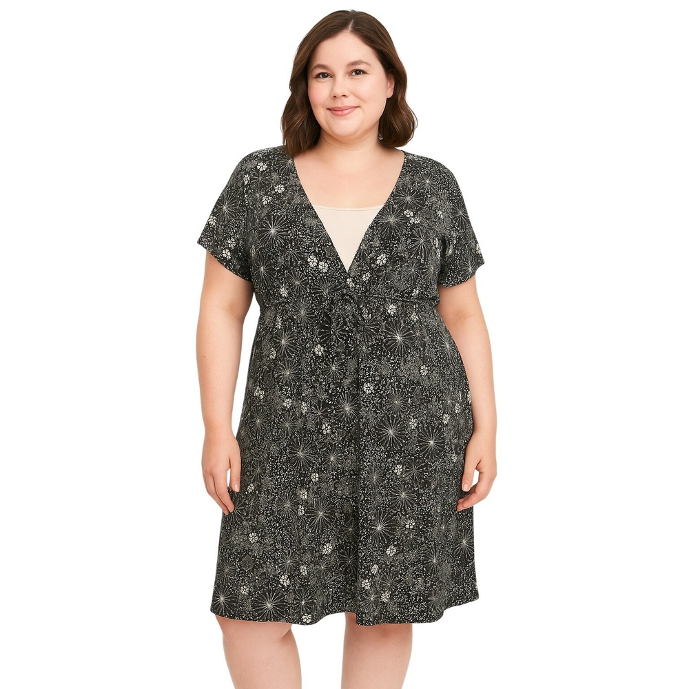 Notations Dress Size 1X Black Swirl Pullover‎ Drawstring V-Neck Stretch Floral